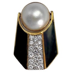 Innovative 18k, Mabe Pearl, Diamond and Black Enamel Pendant