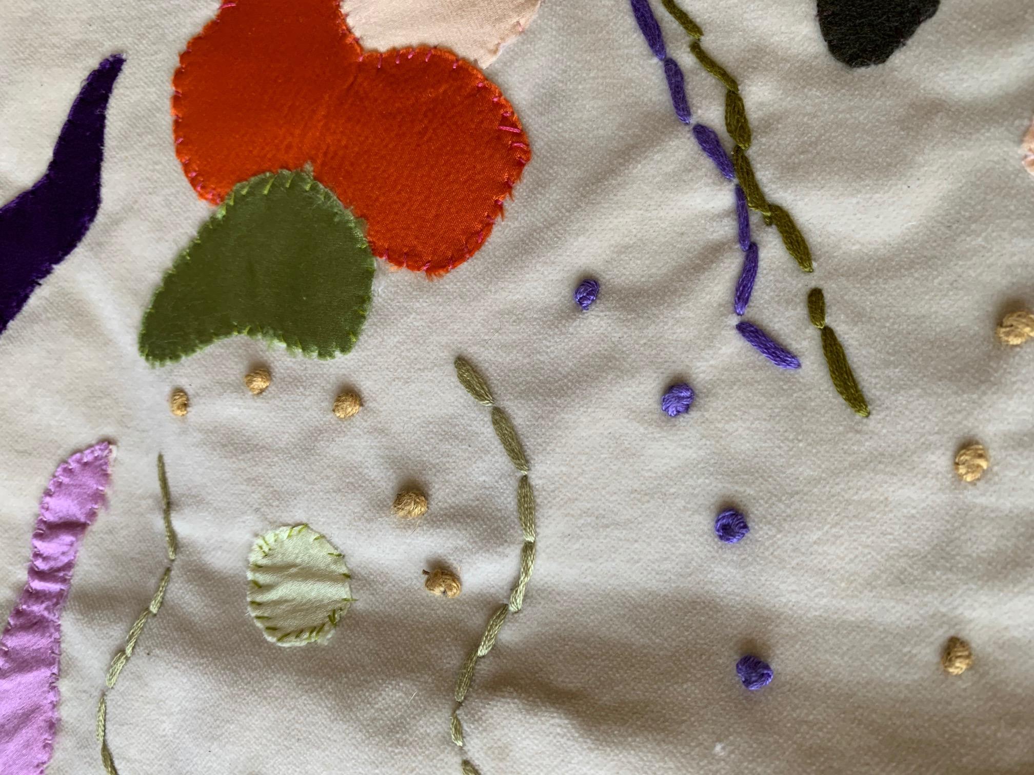 Cheerful shapes are hand-stitched onto a soft background, colorfully reminiscent of an abstract painting.

Hand Applique
Down feathers inserts, zip closure

The Maki Yamamoto Textile Studio is a modern atelier specializing in bespoke textiles.