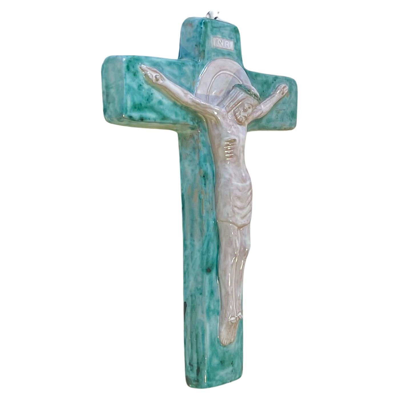 INRI - Italian Crucifix in Glazed Ceramic, 1930s For Sale