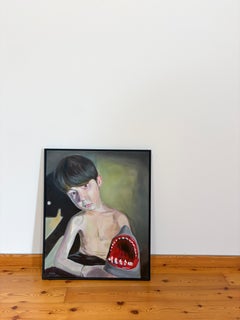 Portrait de garçon peinture acrylique avec jouet requin Art figuratif contemporain
