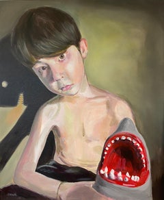 Ritratto di ragazzo dipinto in acrilico con squalo giocattolo Arte figurativa contemporanea