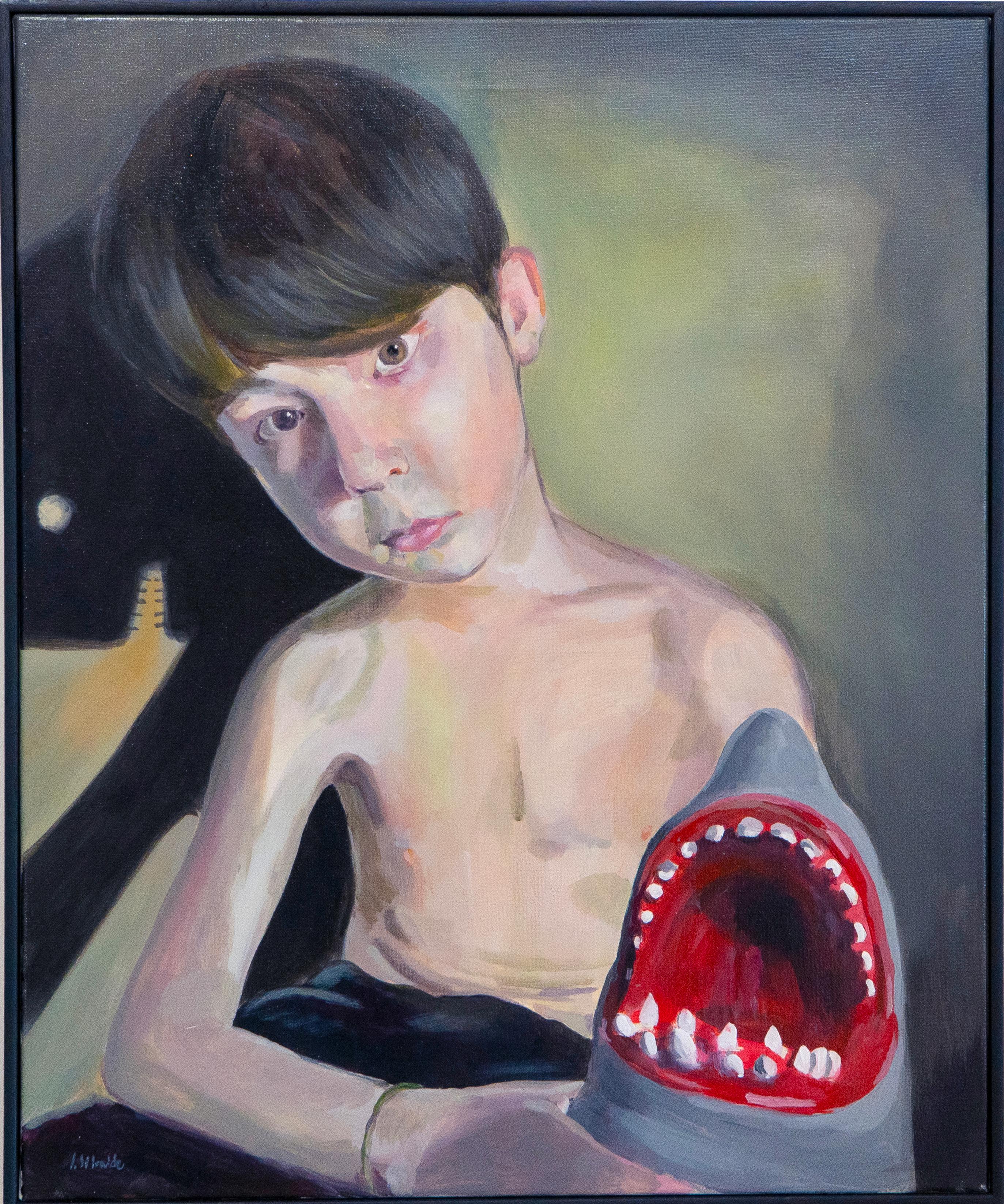 Inés Silvalde Figurative Painting - Contemporary Figurative Expressionist Portrait of a Child with Shark Toy, Framed