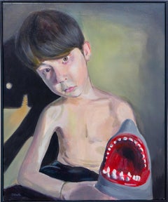 Contemporary Figurative Expressionist Portrait of a Child with Shark Toy, Framed