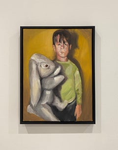 Contemporary Child Portrait Oil Painting with Oversized Stuffed Rabbit on Canvas