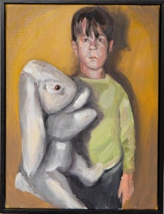 Ritratto di bambino contemporaneo dipinto a olio con coniglio di peluche oversize su tela