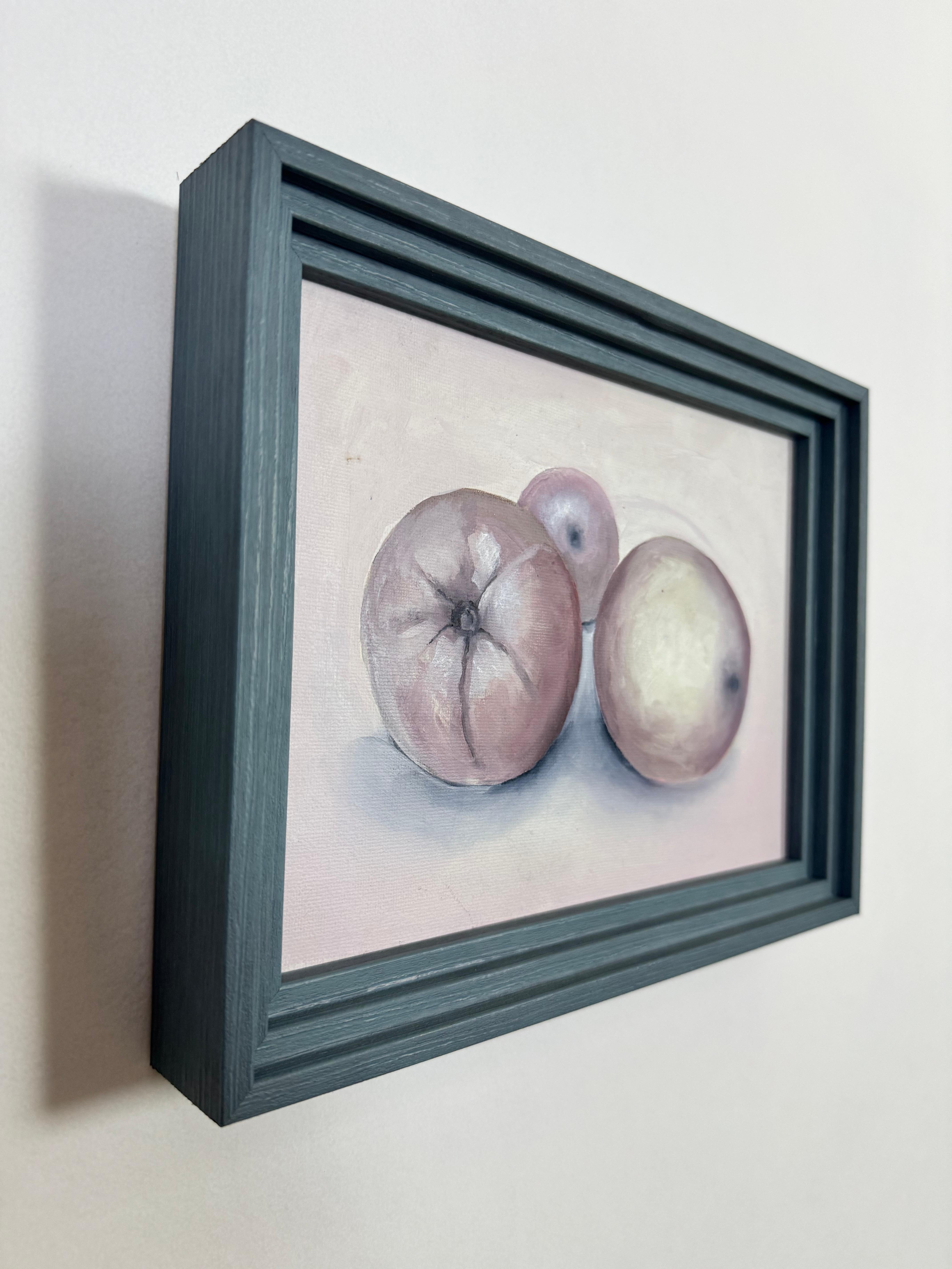 Bodegón figurativo contemporáneo enmarcado Pintura al óleo sobre lienzo. 