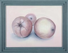 Bodegón figurativo contemporáneo enmarcado Pintura al óleo sobre lienzo. "Tus melocotones"