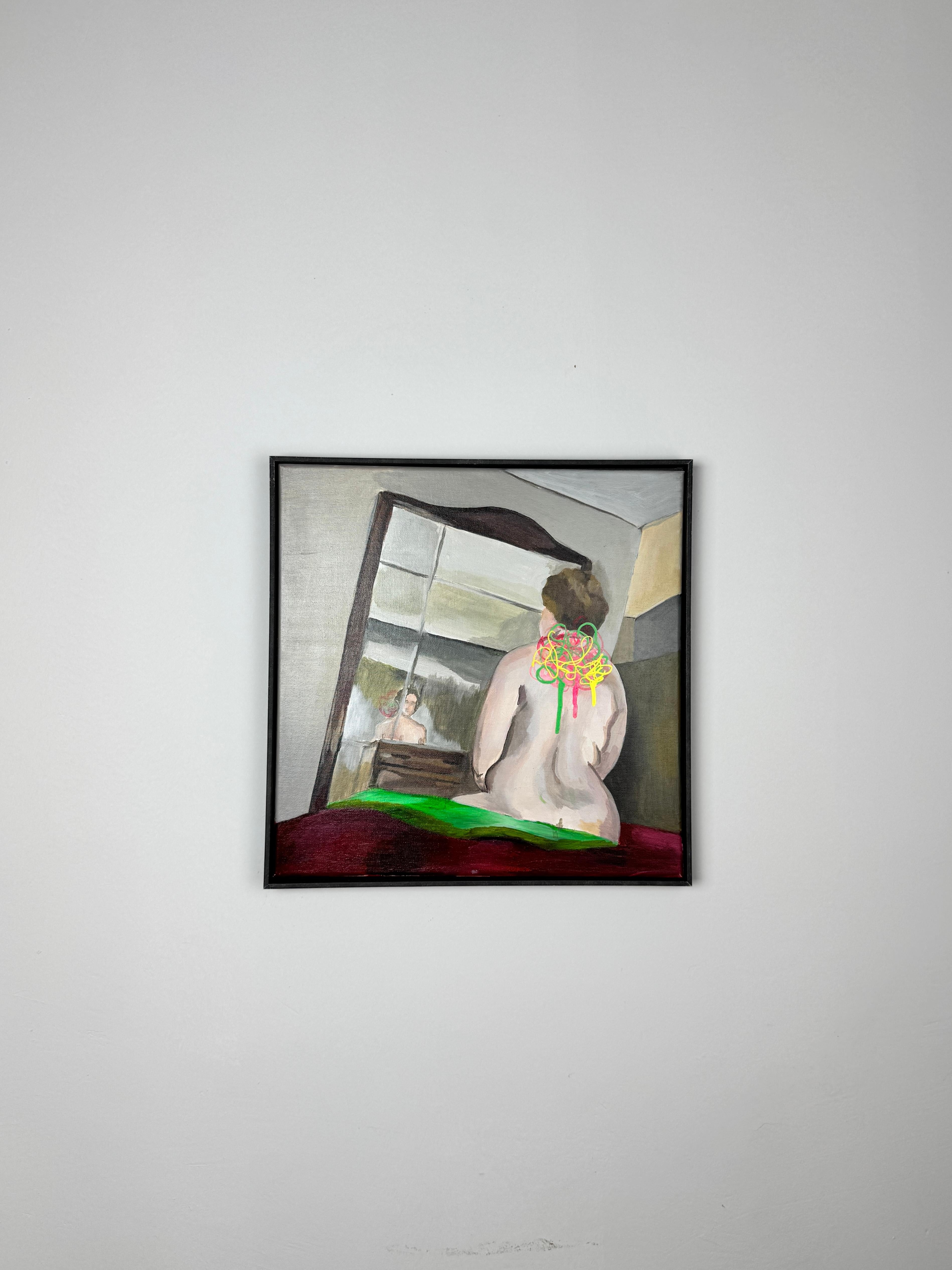 Figurative Interior Painting with Mirror, Female Portrait and Symbolic Knot