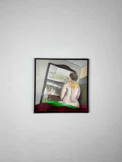 Figurative Innenraummalerei mit Spiegel, Frauenporträt und symbolischem Knoten
