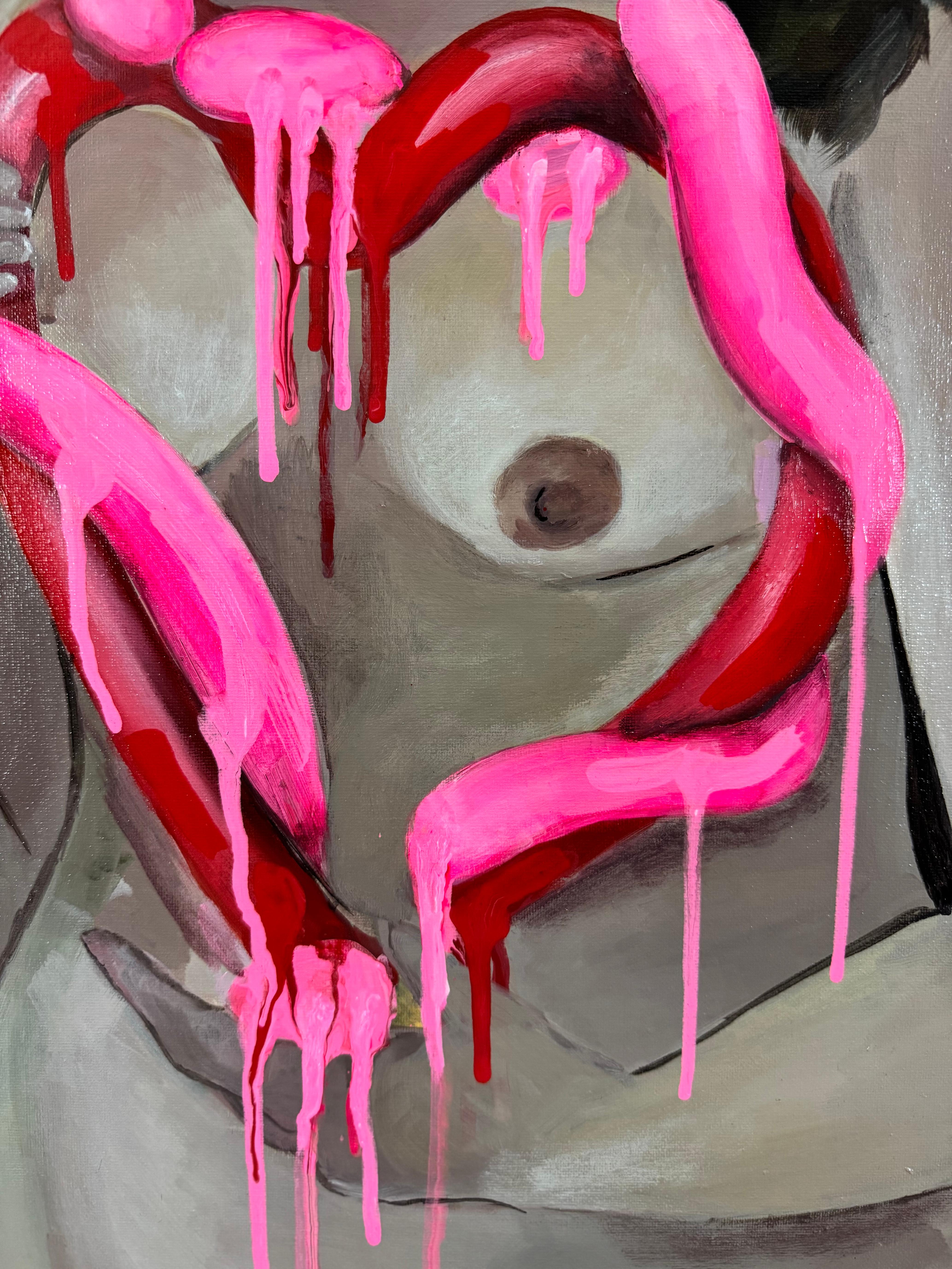 Pittura figurativa contemporanea Ritratto femminile nudo con gocciolamento rosa e rosso - Painting Contemporaneo di Inés Silvalde