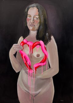 Pittura figurativa contemporanea Ritratto femminile nudo con gocciolamento rosa e rosso