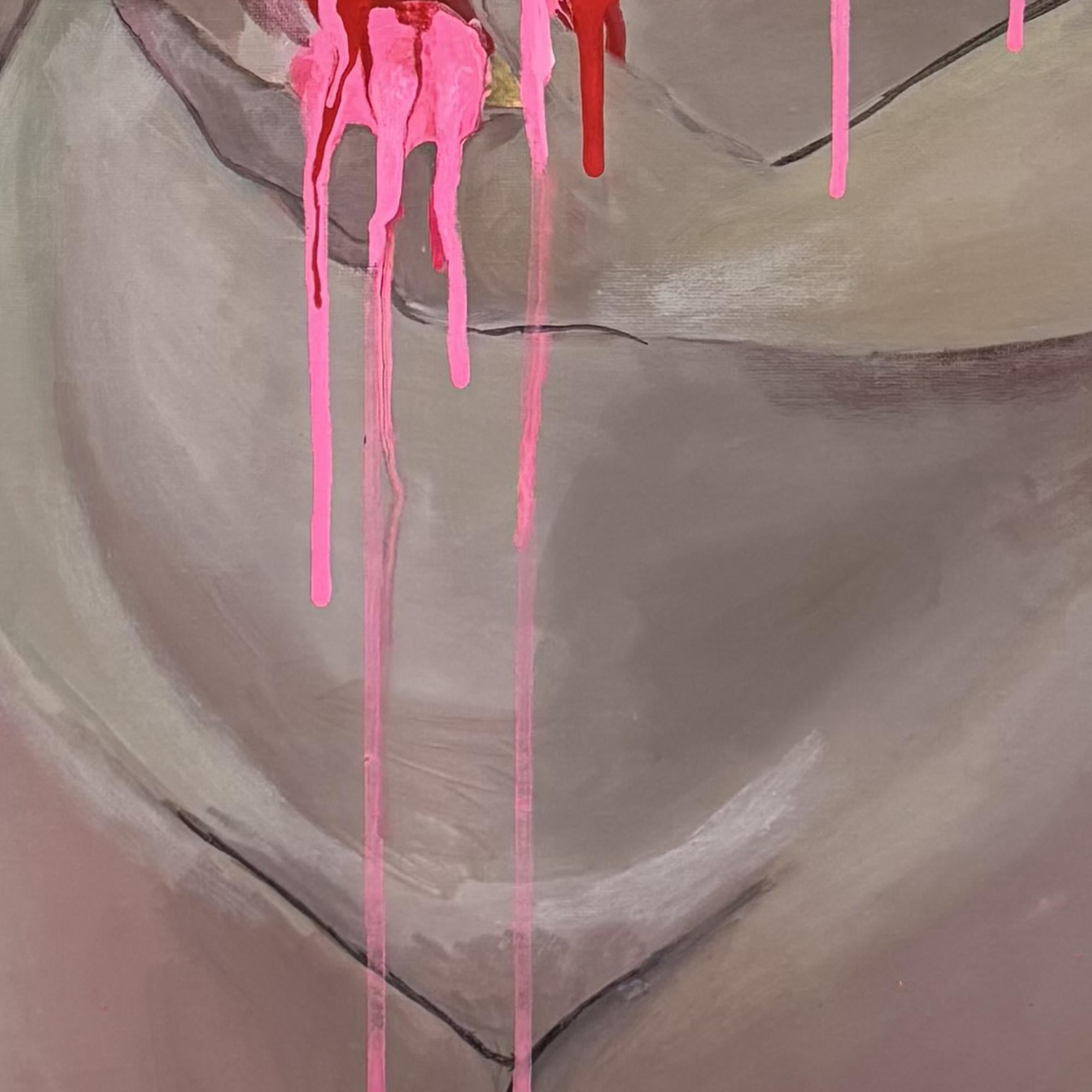 Pittura figurativa contemporanea Ritratto femminile nudo con gocciolamento rosa e rosso in vendita 2