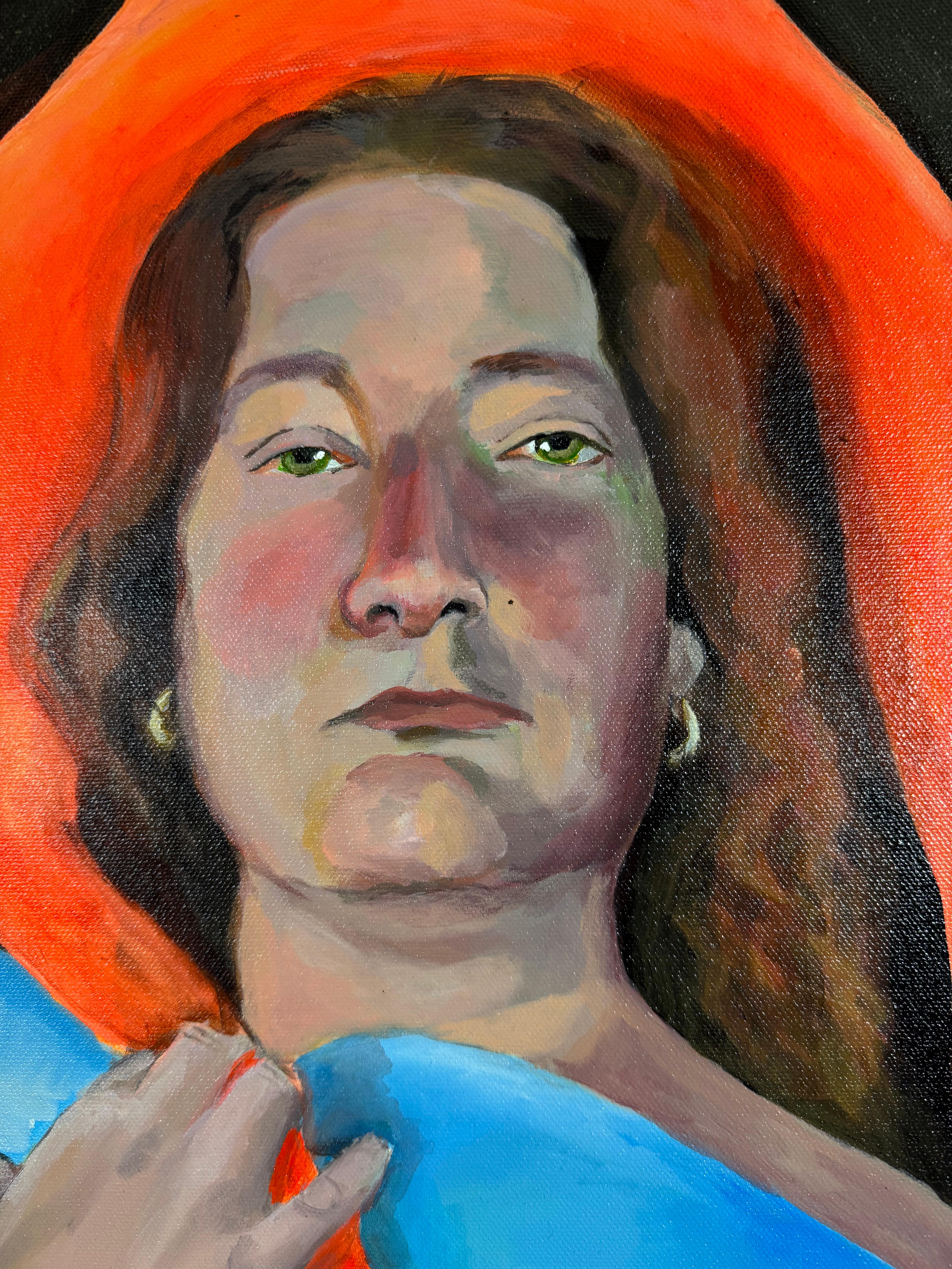 Pintura Figurativa Contemporánea Retrato con Elementos de Goteo Naranja y Azul - Painting de Inés Silvalde