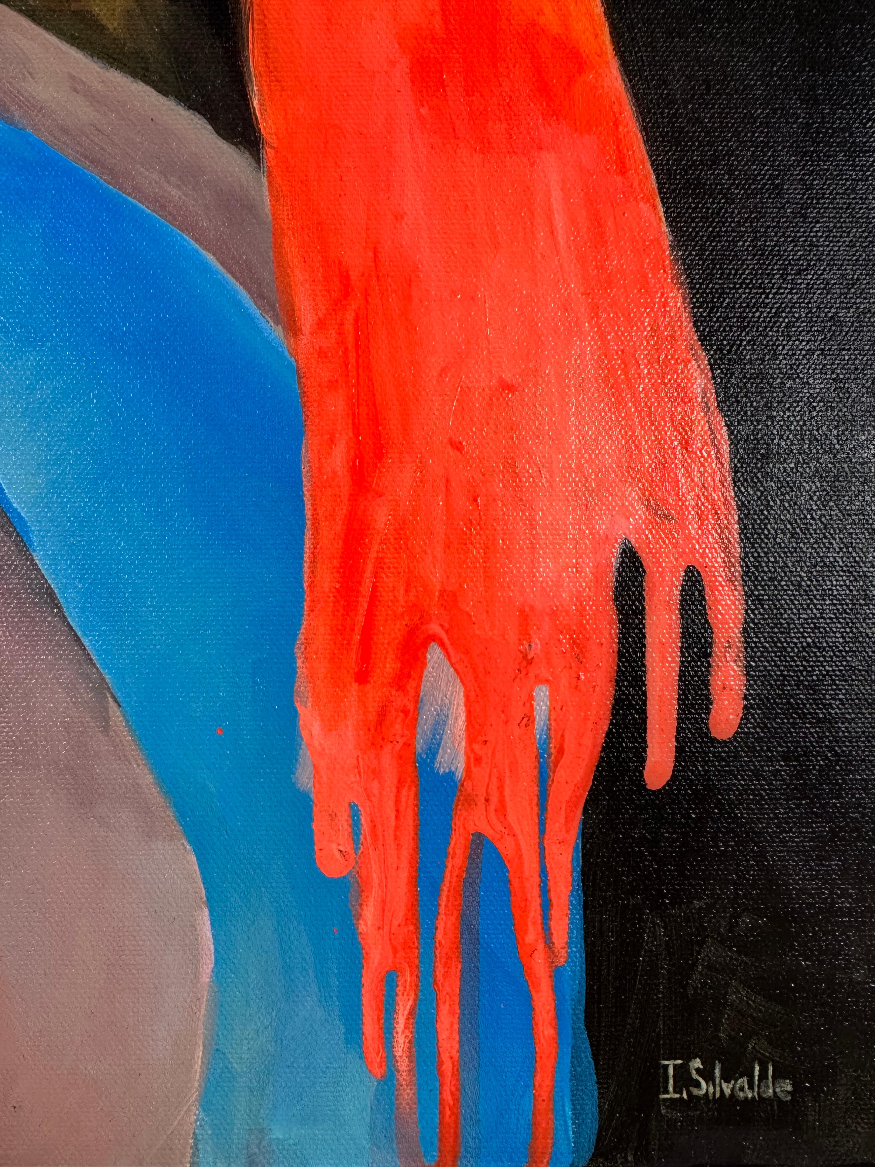 Pintura Figurativa Contemporánea Retrato con Elementos de Goteo Naranja y Azul - Painting Contemporáneo de Inés Silvalde