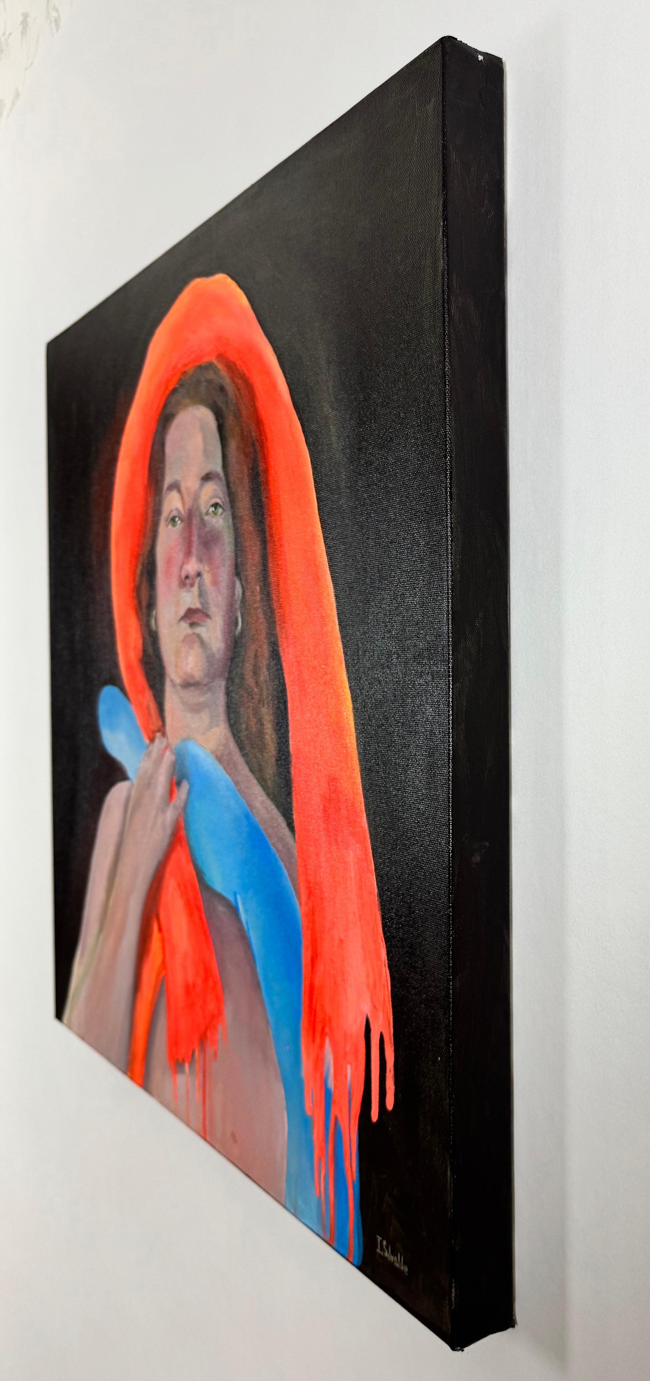 Pintura Figurativa Contemporánea Retrato con Elementos de Goteo Naranja y Azul - Figurative Painting Negro de Inés Silvalde
