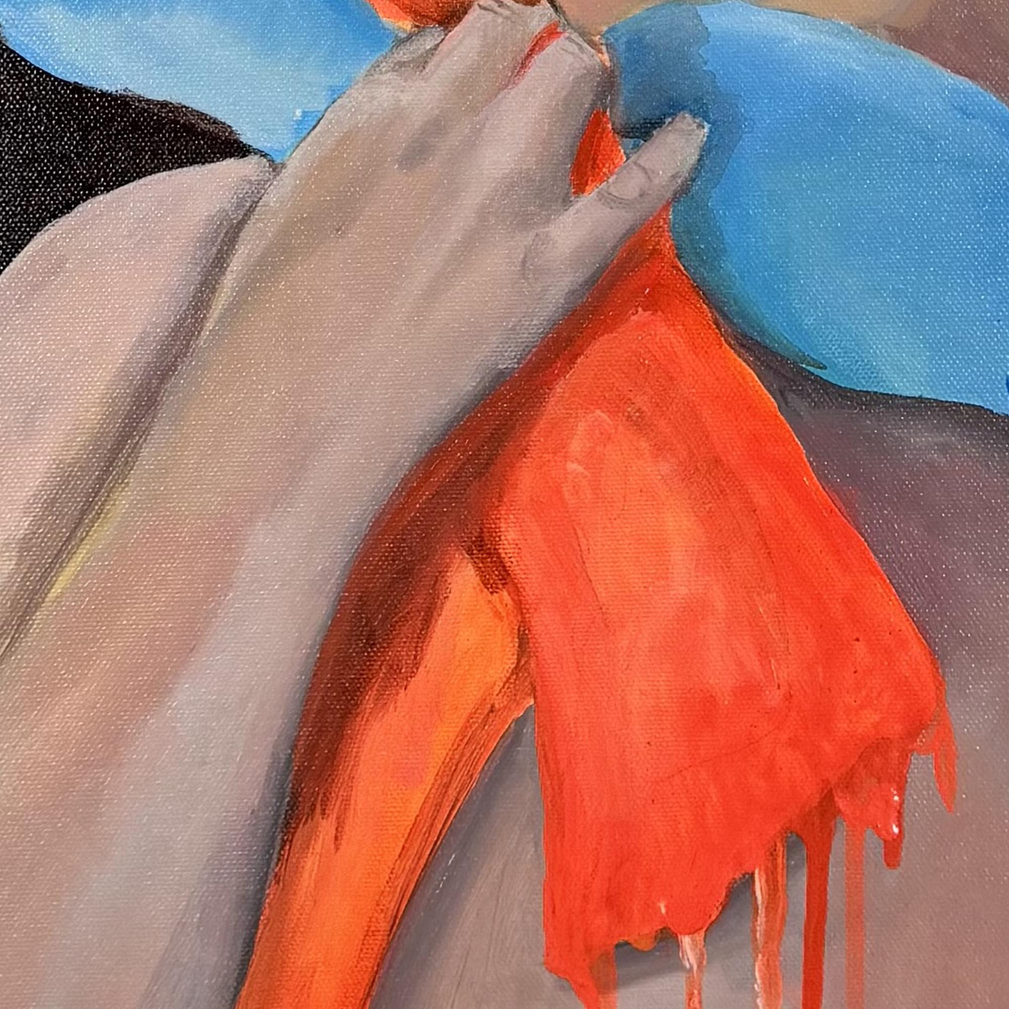Pintura Figurativa Contemporánea Retrato con Elementos de Goteo Naranja y Azul en venta 1