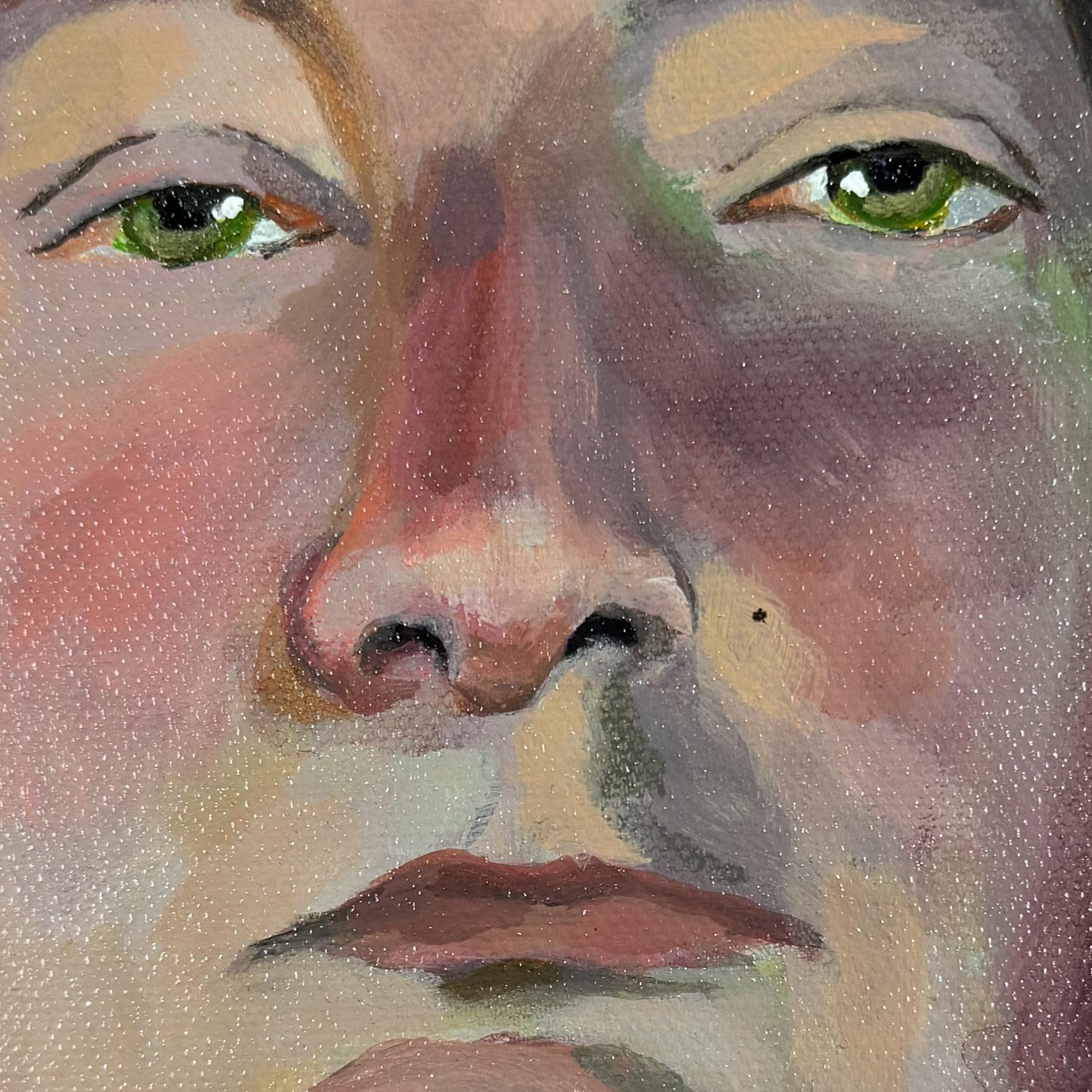 Pintura Figurativa Contemporánea Retrato con Elementos de Goteo Naranja y Azul en venta 2