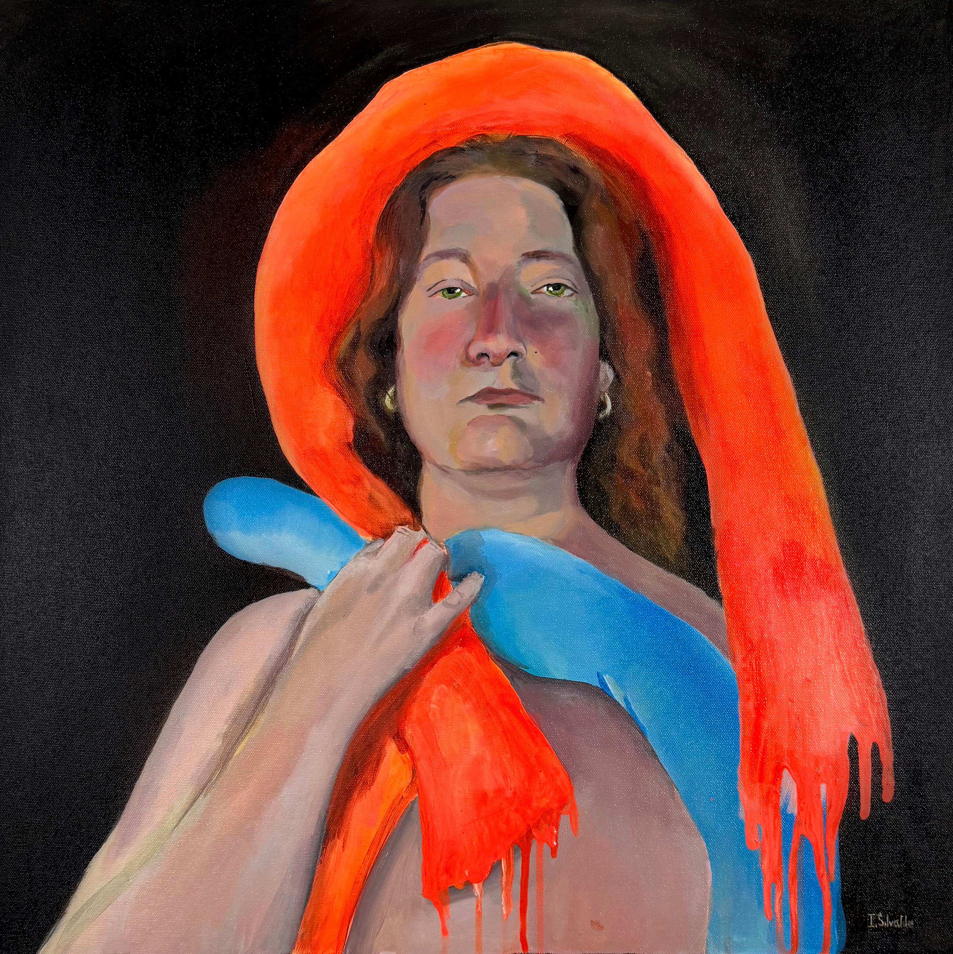 Figurative Painting de Inés Silvalde - Pintura Figurativa Contemporánea Retrato con Elementos de Goteo Naranja y Azul