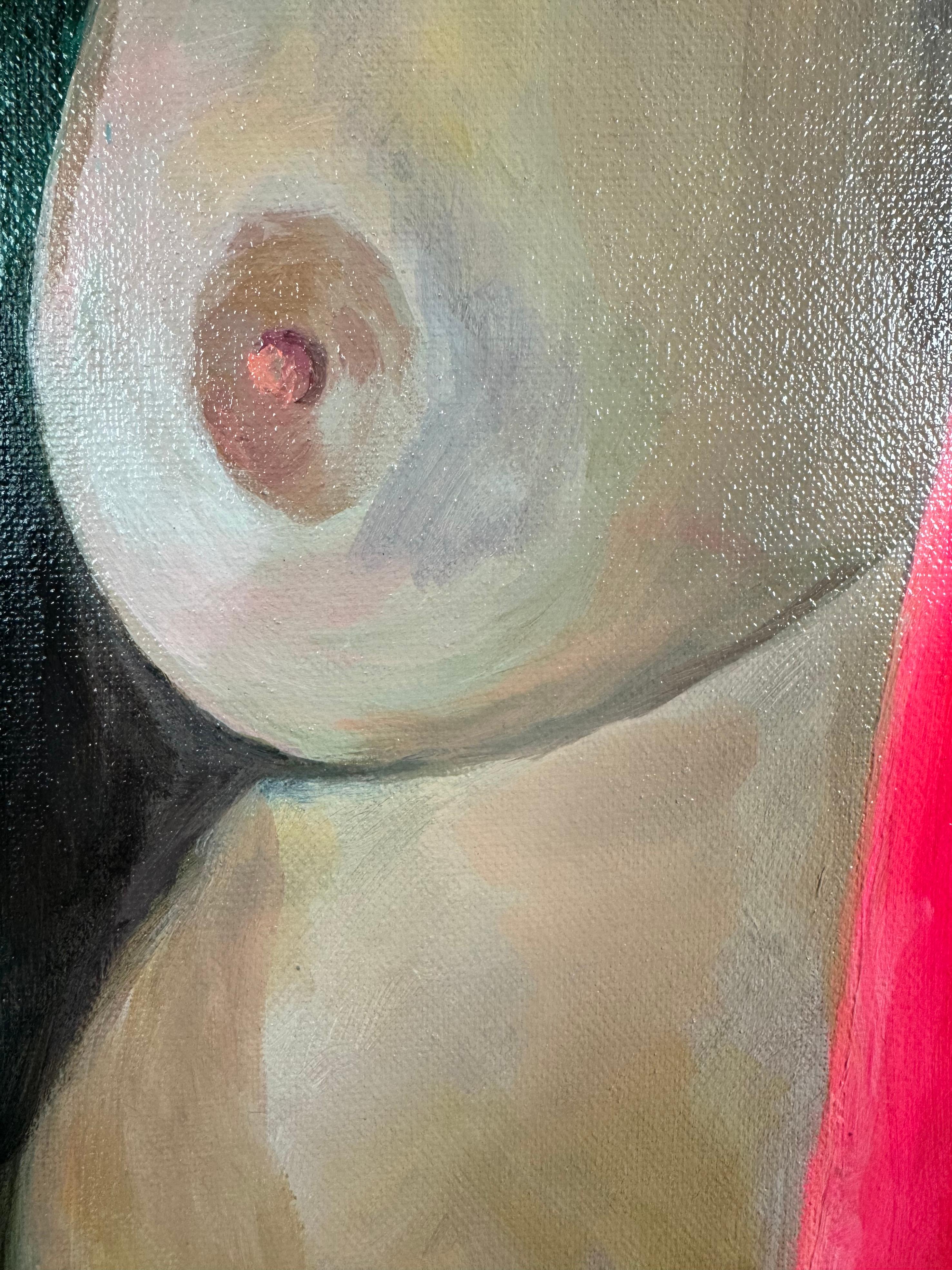 Ritratto di nudo femminile contemporaneo con accenti rosa, gialli e verdi che gocciolano - Nude Painting Nero di Inés Silvalde