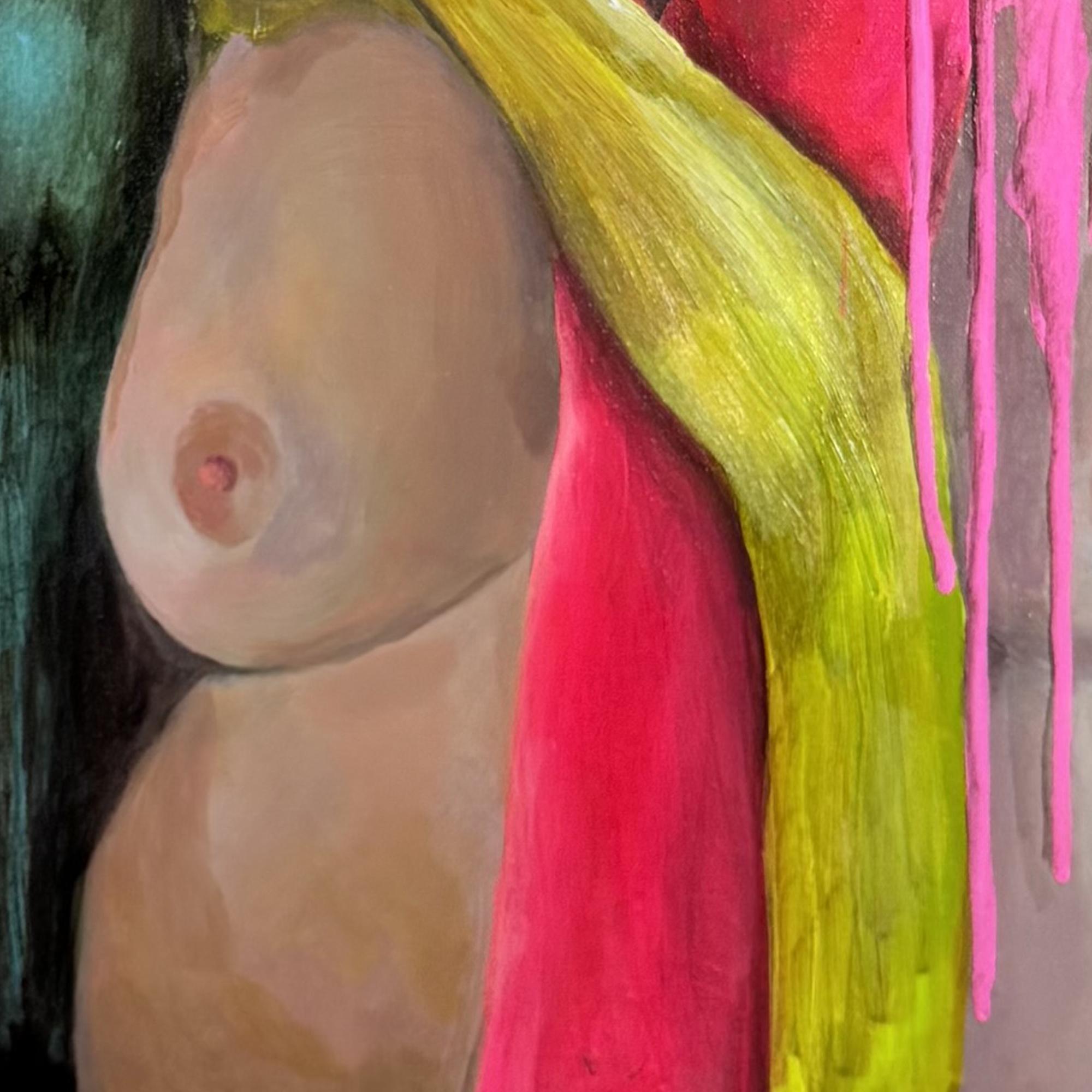 Ritratto di nudo femminile contemporaneo con accenti rosa, gialli e verdi che gocciolano in vendita 3