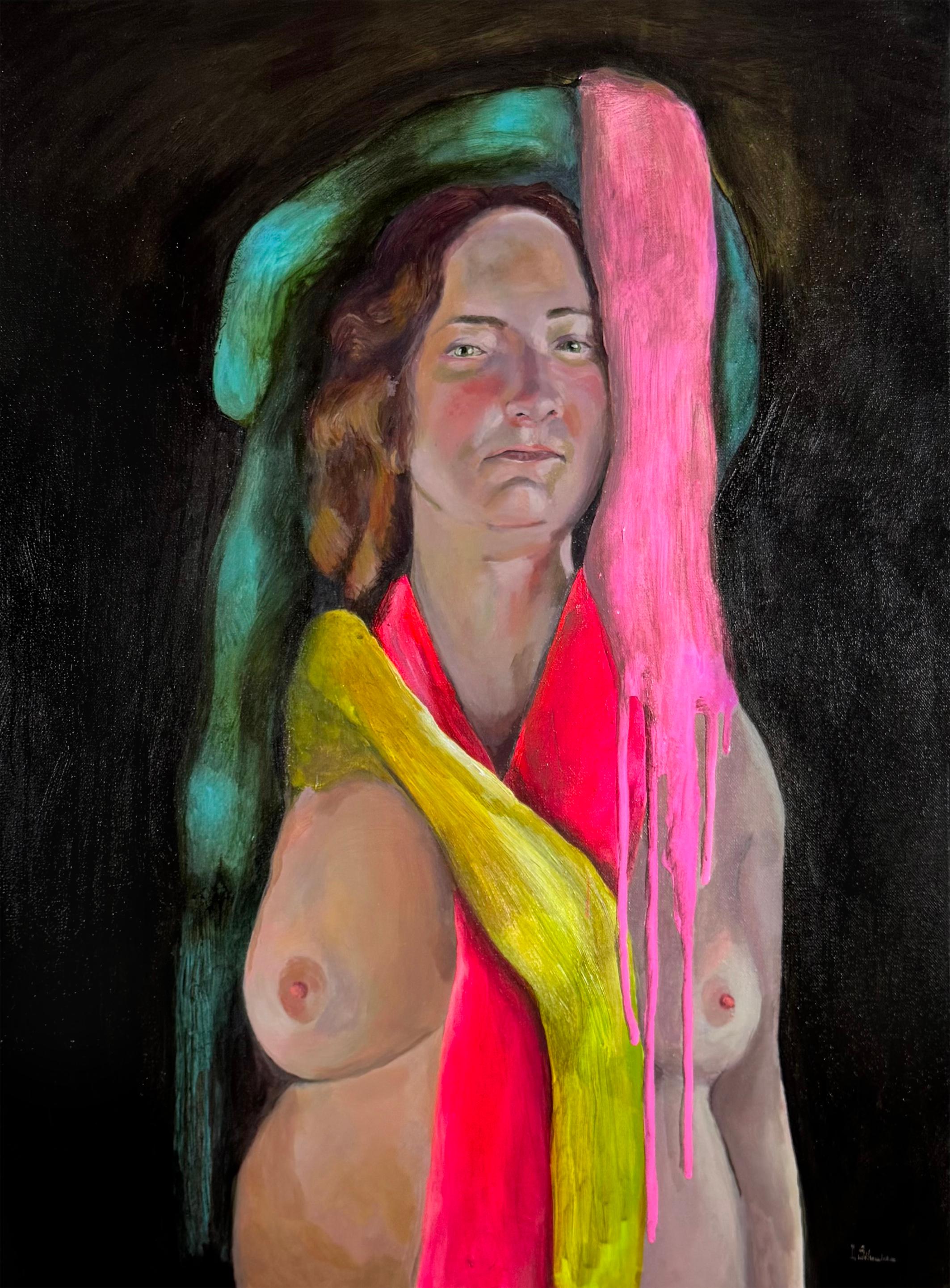 Nude Painting di Inés Silvalde - Ritratto di nudo femminile contemporaneo con accenti rosa, gialli e verdi che gocciolano