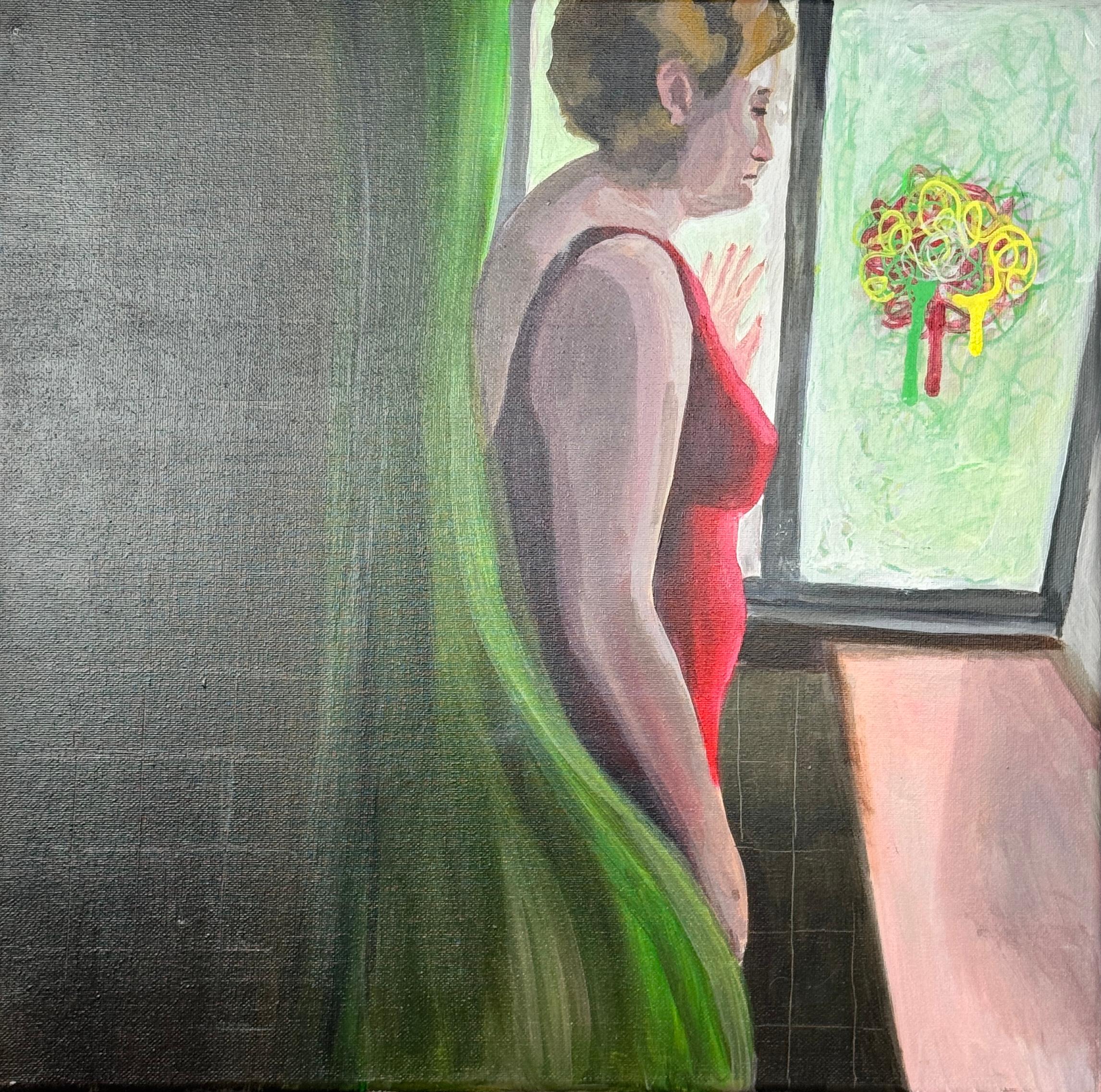 Contemporary Painting of Woman in Red Dress at Window with Neon Thought Knot