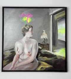 Sitzender weiblicher Akt am Fenster mit Neonlinien, figuratives Acrylgemälde