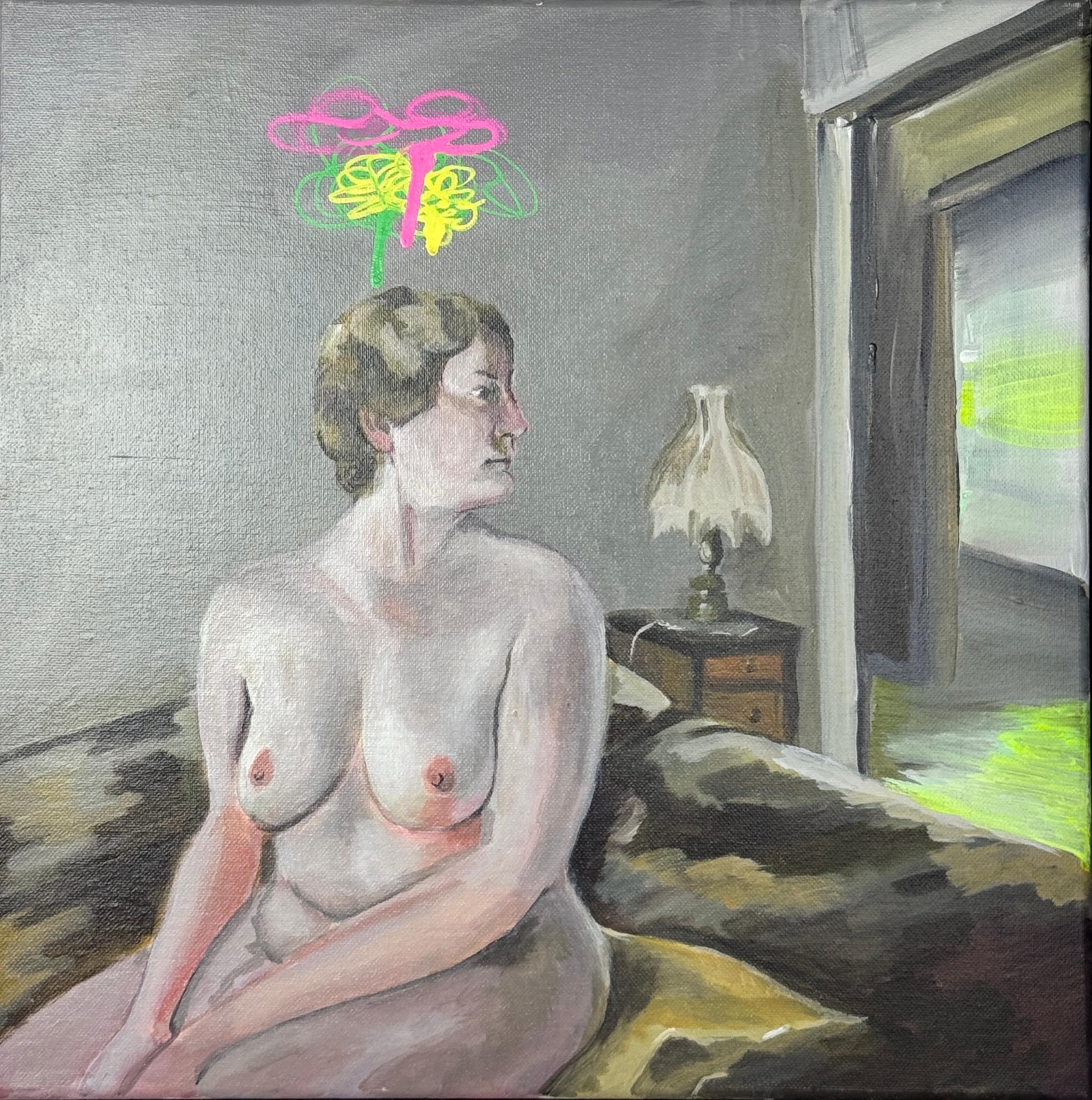 Figurative Acrylic Painting on Canvas with Female Nude and Neon Symbolic Element