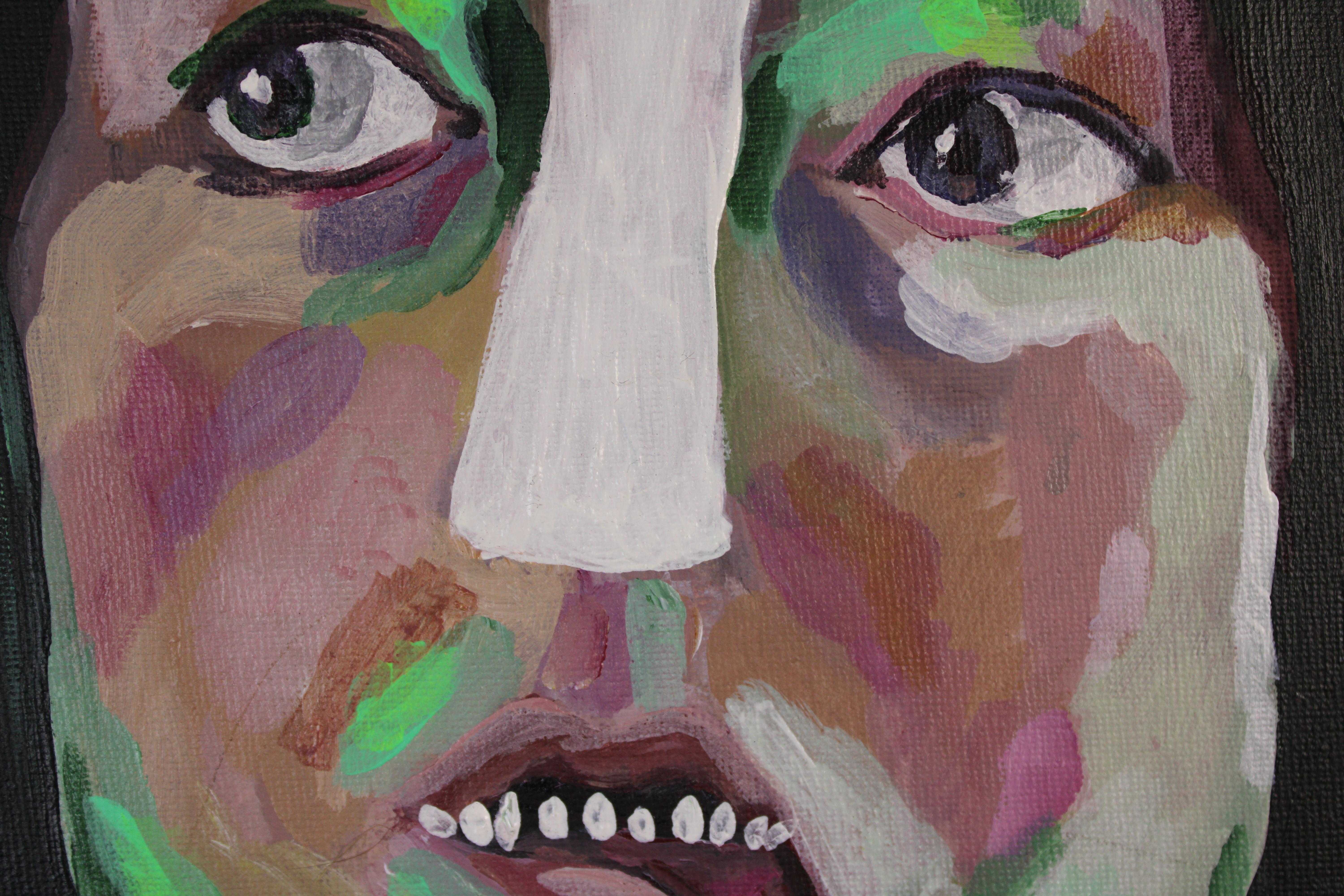 Parte de la serie Influencers de Taberna, Marido fluorescente (2020) capta un momento de humor surrealista inspirado en una conversación real aunque absurda. El cuadro representa a una mujer bañada en un inquietante resplandor verde, con expresión