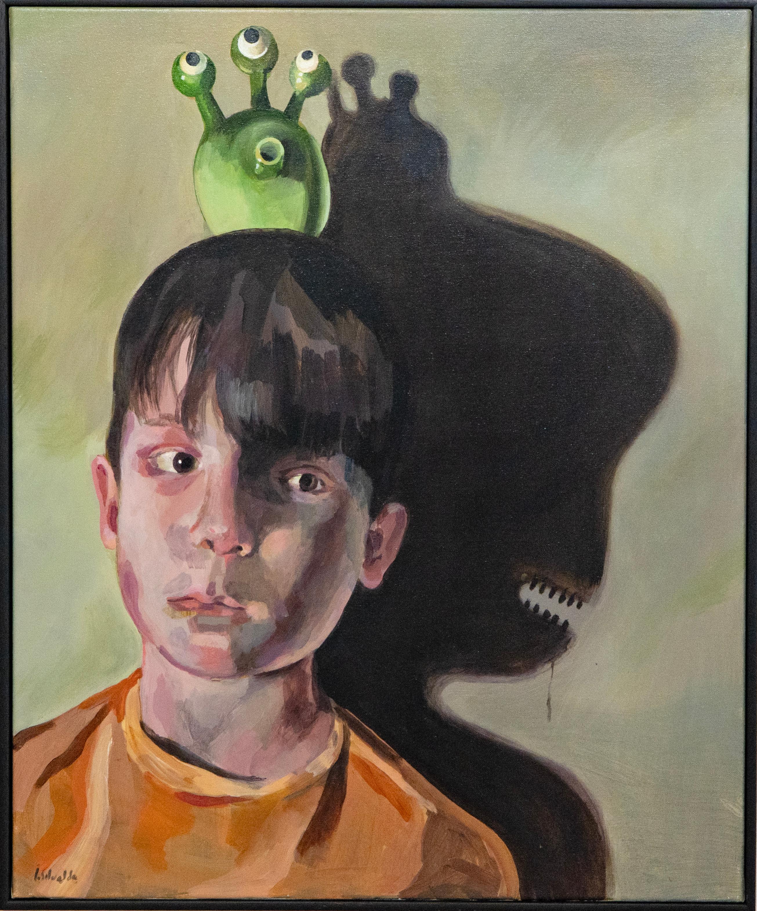 Grotesque Child Portrait Acrylic Painting with Shadow Creature on Canvas