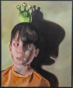 Ritratto di bambino grottesco Pittura acrilica con creatura d'ombra su tela