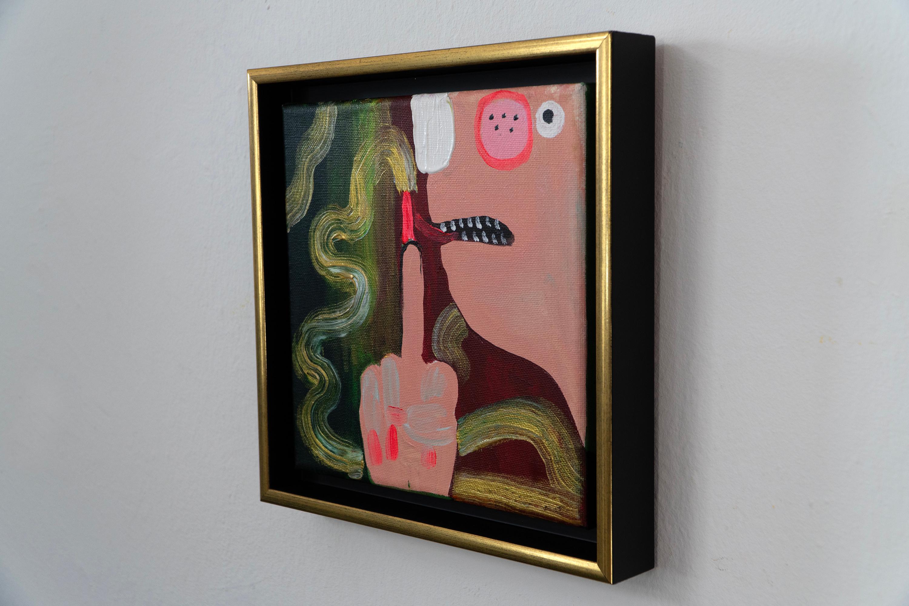 Pittura figurativa umoristica a gesti queer, olio e acrilico su tela. 