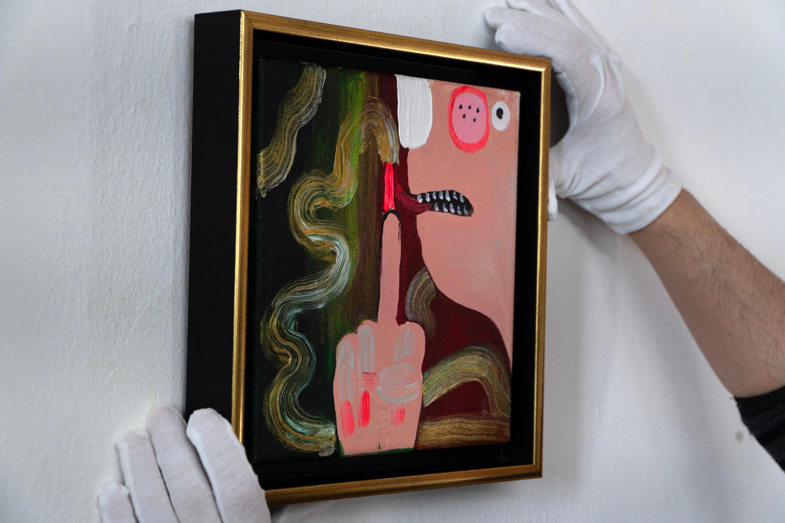 Pittura figurativa umoristica a gesti queer, olio e acrilico su tela. 