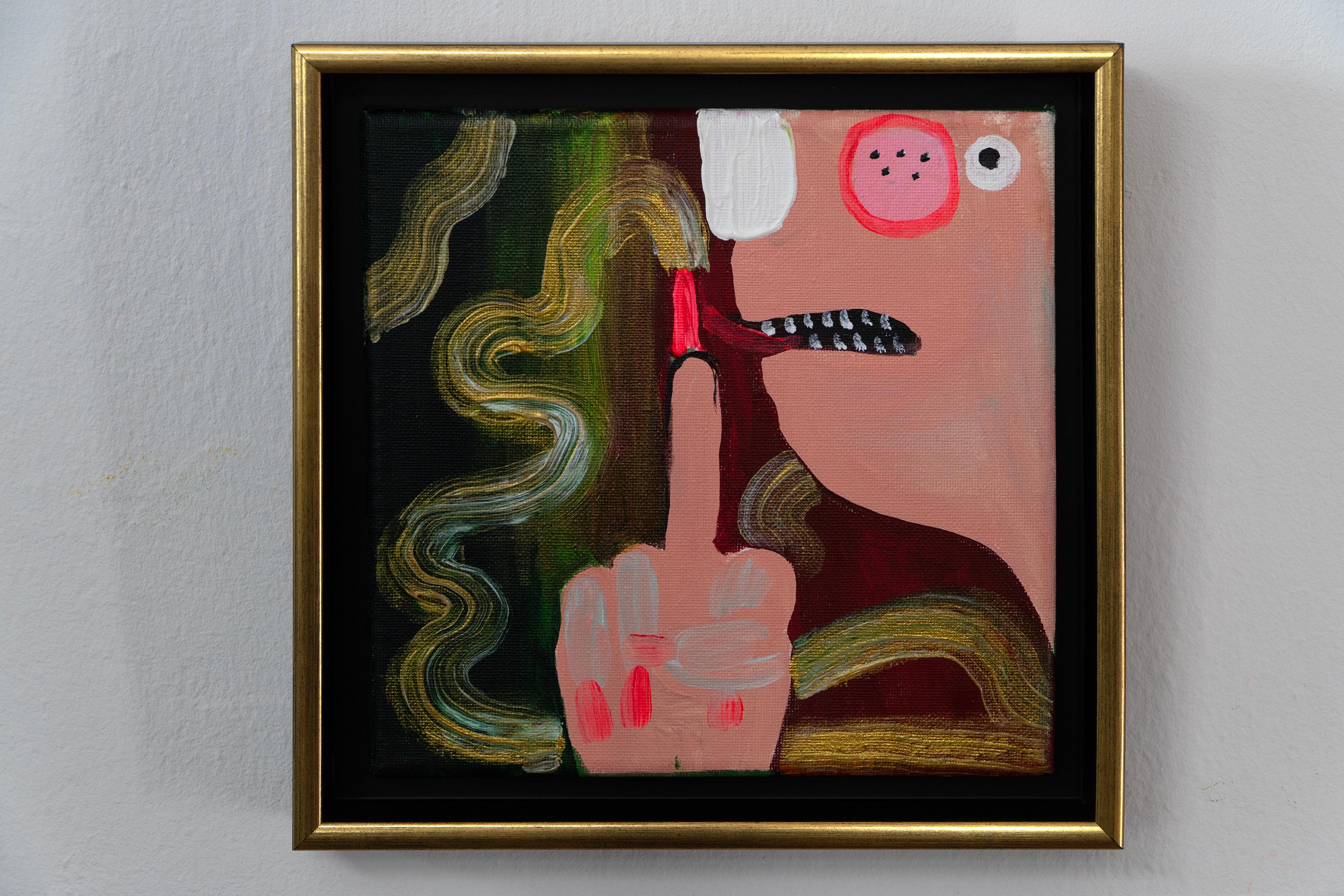 Pittura figurativa umoristica a gesti queer, olio e acrilico su tela. 