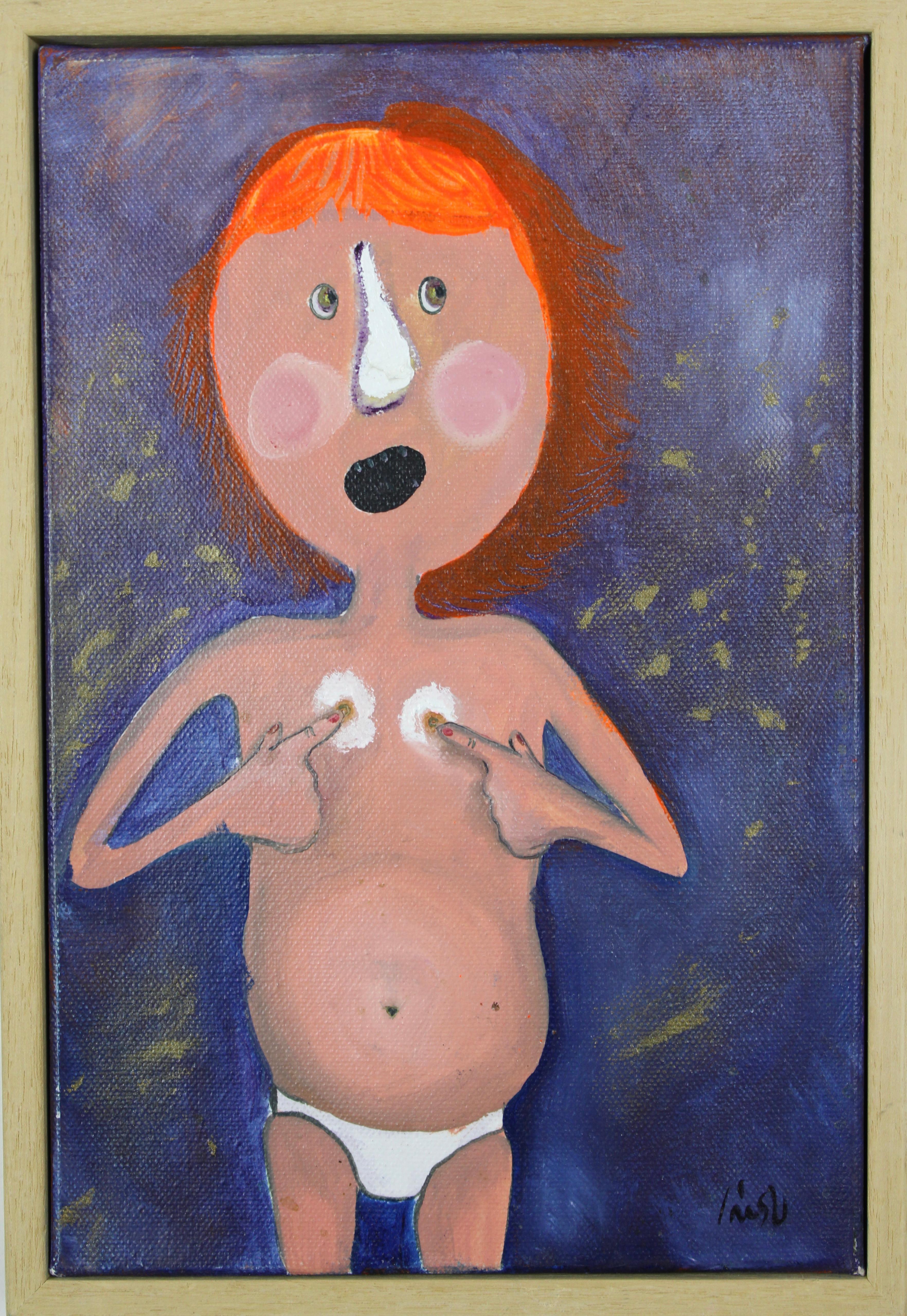 Pittura naif figurativa di nudo Lucy Boom, tecnica mista su tela con cornice