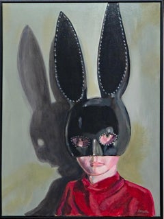 Psychological Figurative Painting Child with Black Rabbit Mask, Framed