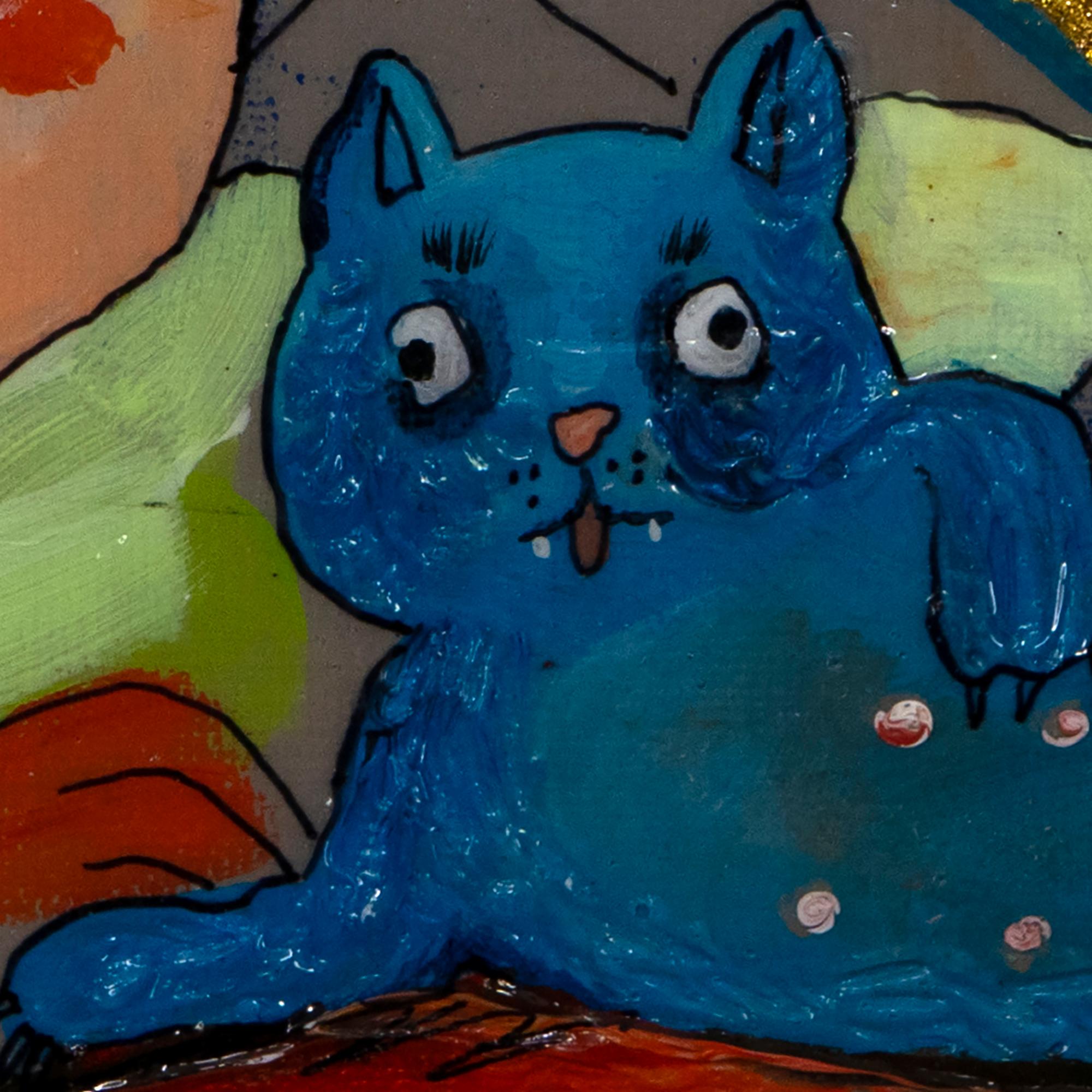 Mirrich - 2019 Técnica mixta sobre panel, Retrato figurativo de inspiración pop con gato - Painting Contemporáneo de Inés Silvalde