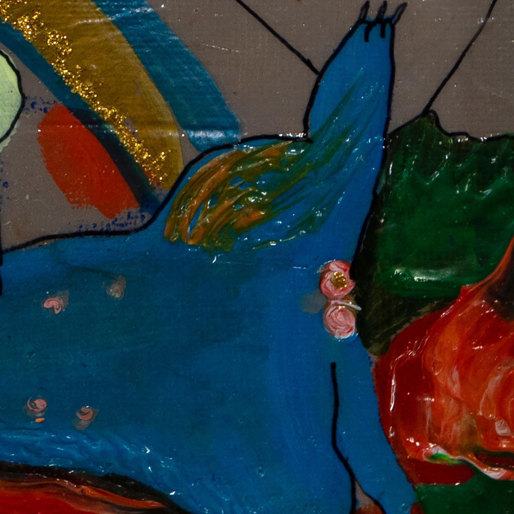 Mirrich - 2019 Técnica mixta sobre panel, Retrato figurativo de inspiración pop con gato - Animal Painting Marrón de Inés Silvalde