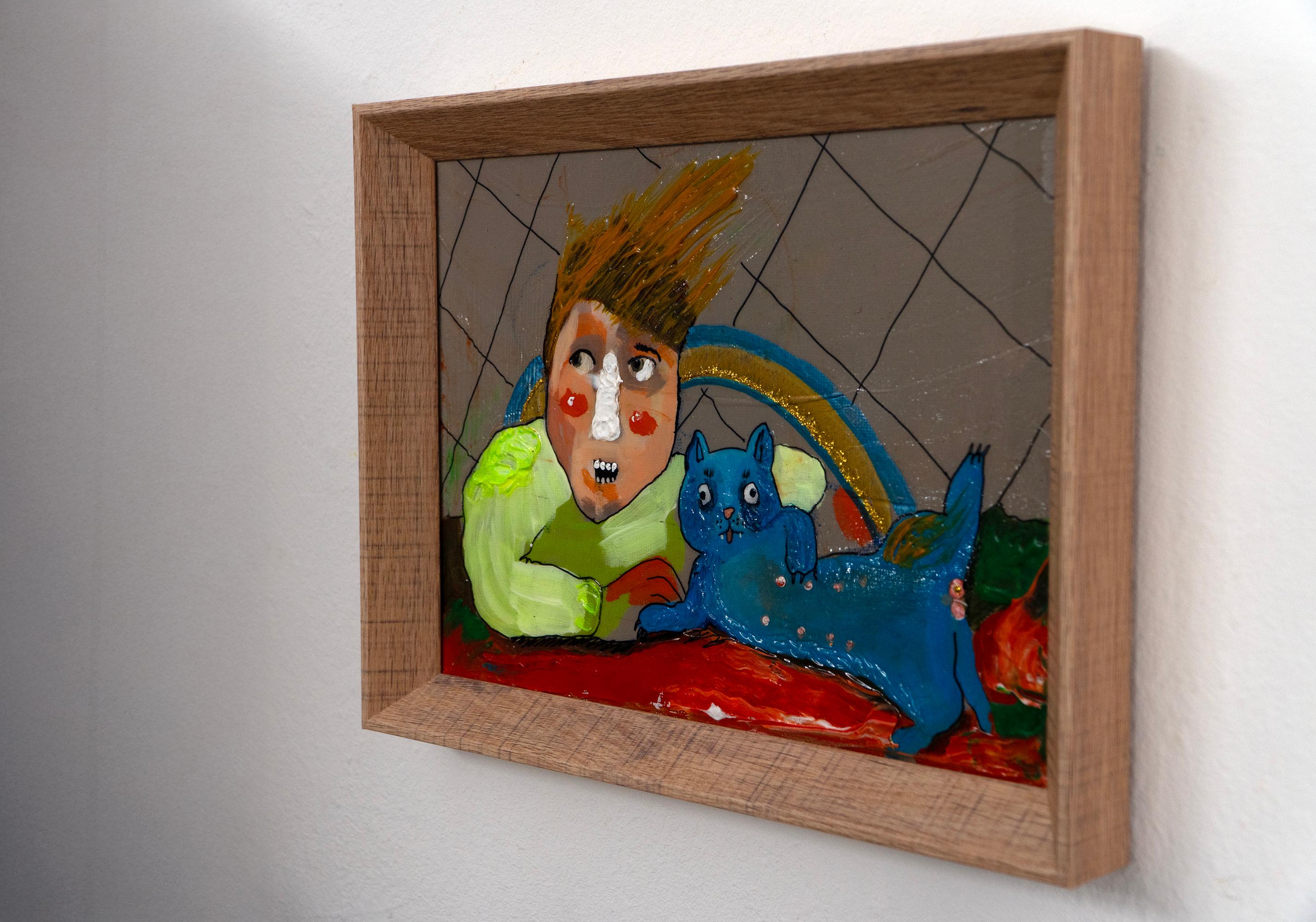 Mirrich - 2019 Técnica mixta sobre panel, Retrato figurativo de inspiración pop con gato en venta 1