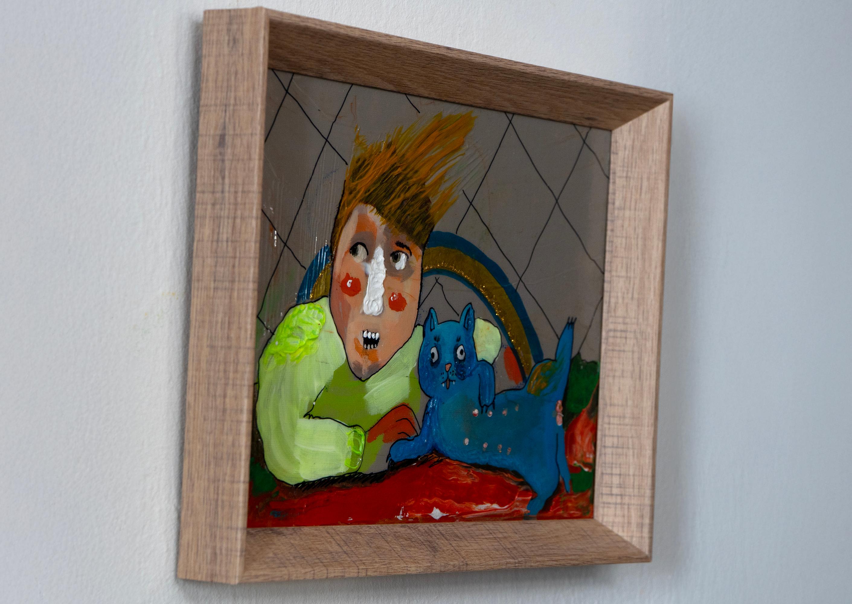Mirrich - 2019 Técnica mixta sobre panel, Retrato figurativo de inspiración pop con gato en venta 2