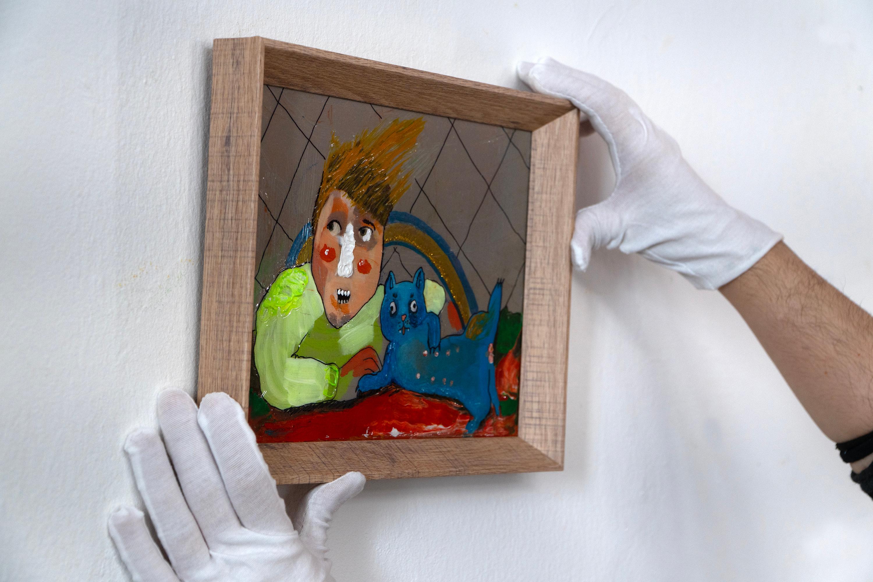 Mirrich - 2019 Técnica mixta sobre panel, Retrato figurativo de inspiración pop con gato en venta 3