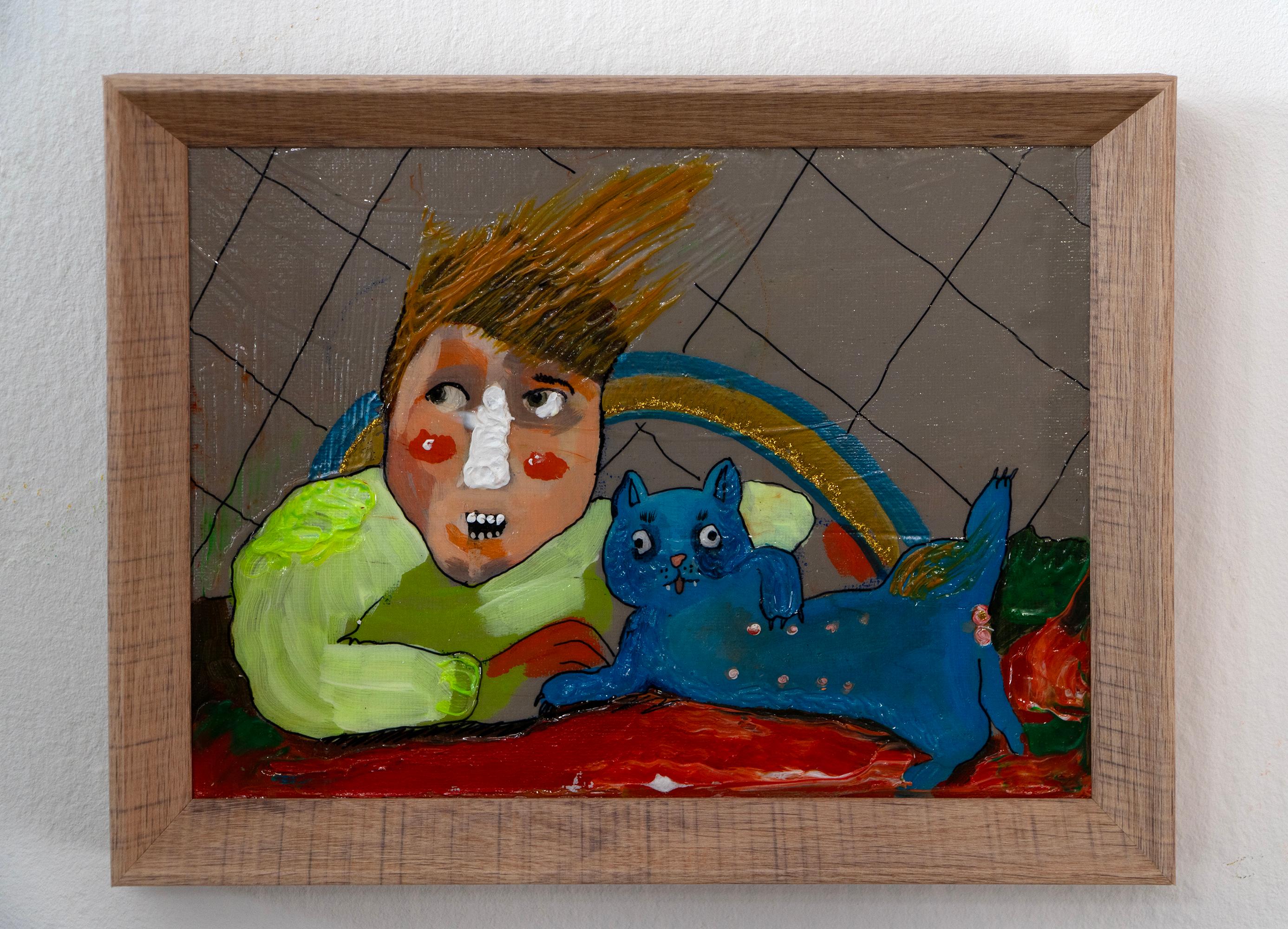 Mirrich - 2019 Técnica mixta sobre panel, Retrato figurativo de inspiración pop con gato en venta 4