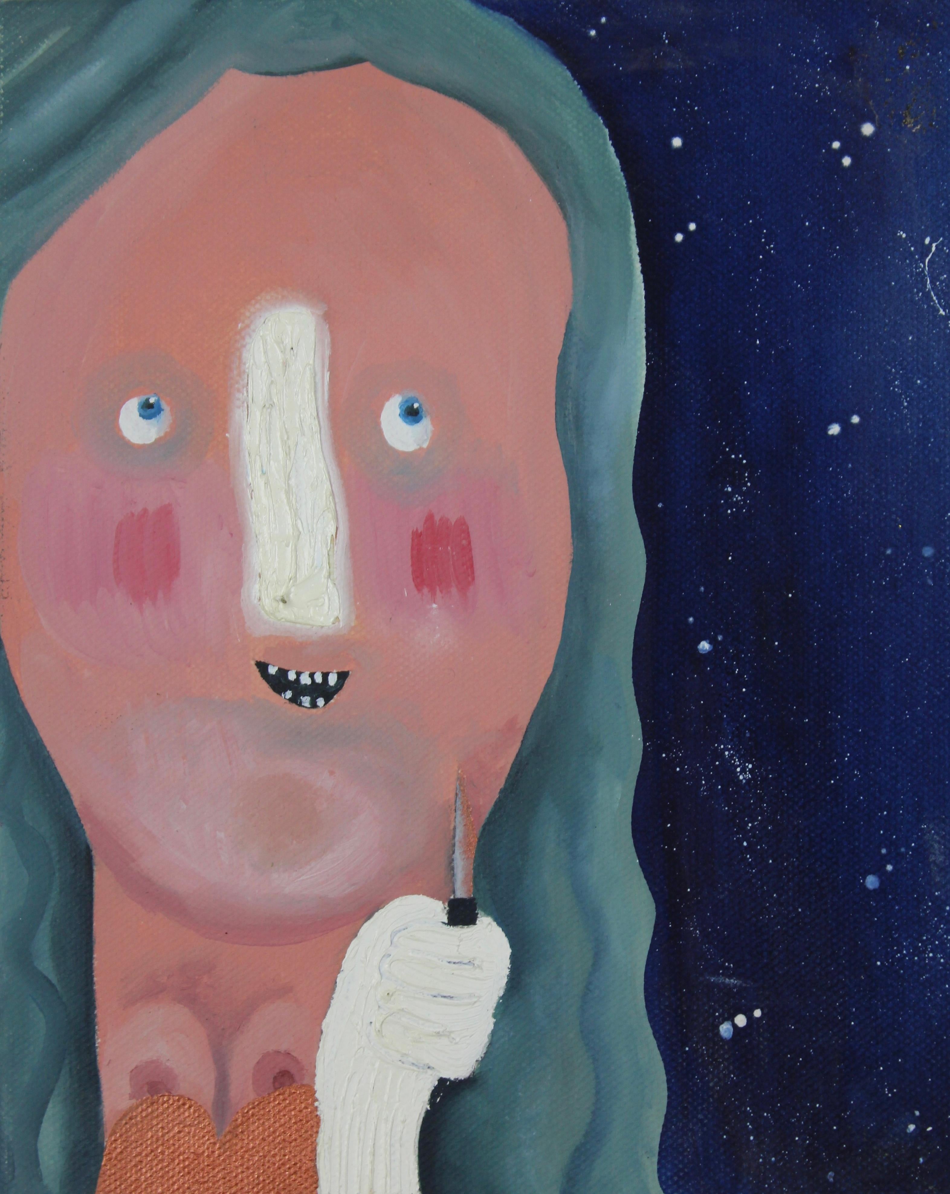 "Navajita", Técnica mixta sobre lienzo grueso, Escena nocturna figurativa con navaja - Mixed Media Art de Inés Silvalde