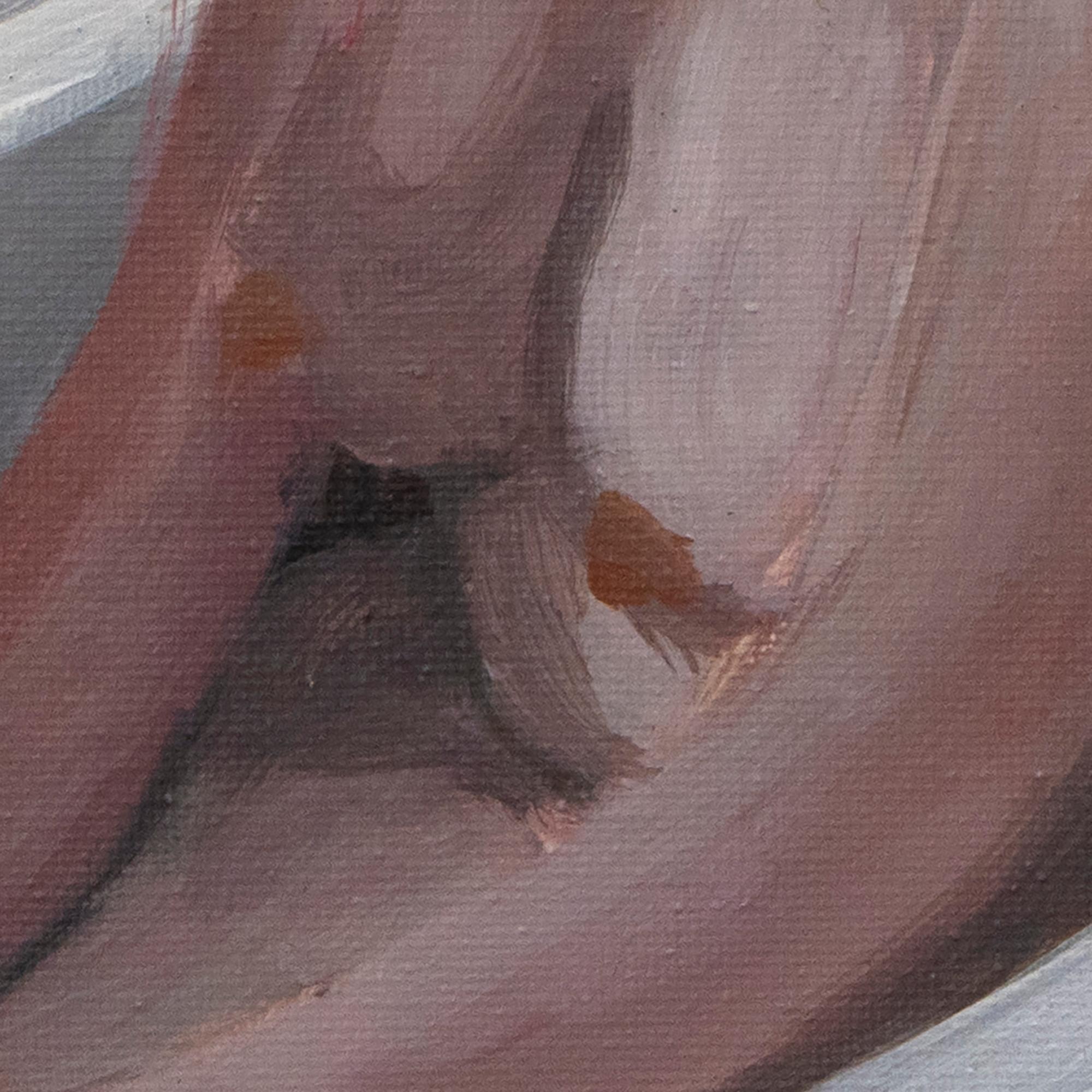 Olio su pannello di schiuma incorniciato, Scena d'interni figurativa contemporanea. In ammollo, 2024 - Figurative Painting Grigio di Inés Silvalde