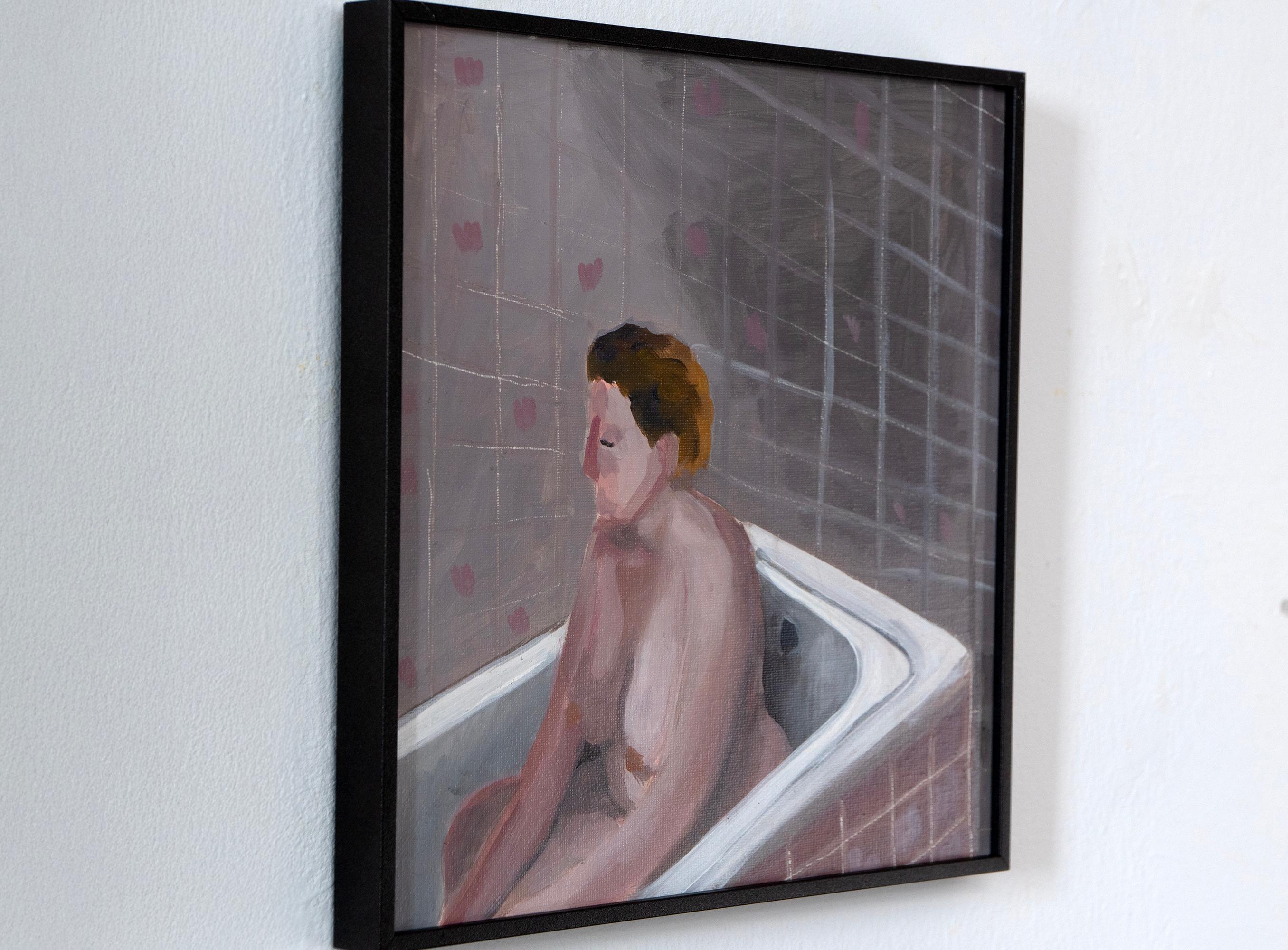 Olio su pannello di schiuma incorniciato, Scena d'interni figurativa contemporanea. In ammollo, 2024 in vendita 1