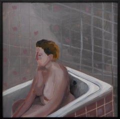Óleo sobre cartón pluma enmarcado, Escena interior figurativa contemporánea. Remojo, 2024