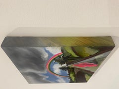 Pink Figure Walking Toward a Rainbow in Expressive Landscape Oil and Acrylic
