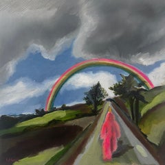 Pink Figure Walking Toward a Rainbow in Expressive Landscape Oil and Acrylic
