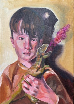 Small Scale Mixed Media Painting with Dinosaur and Glitter on Canvas