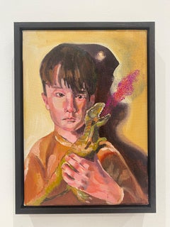 Small Scale Mixed Media Painting with Dinosaur and Glitter on Canvas